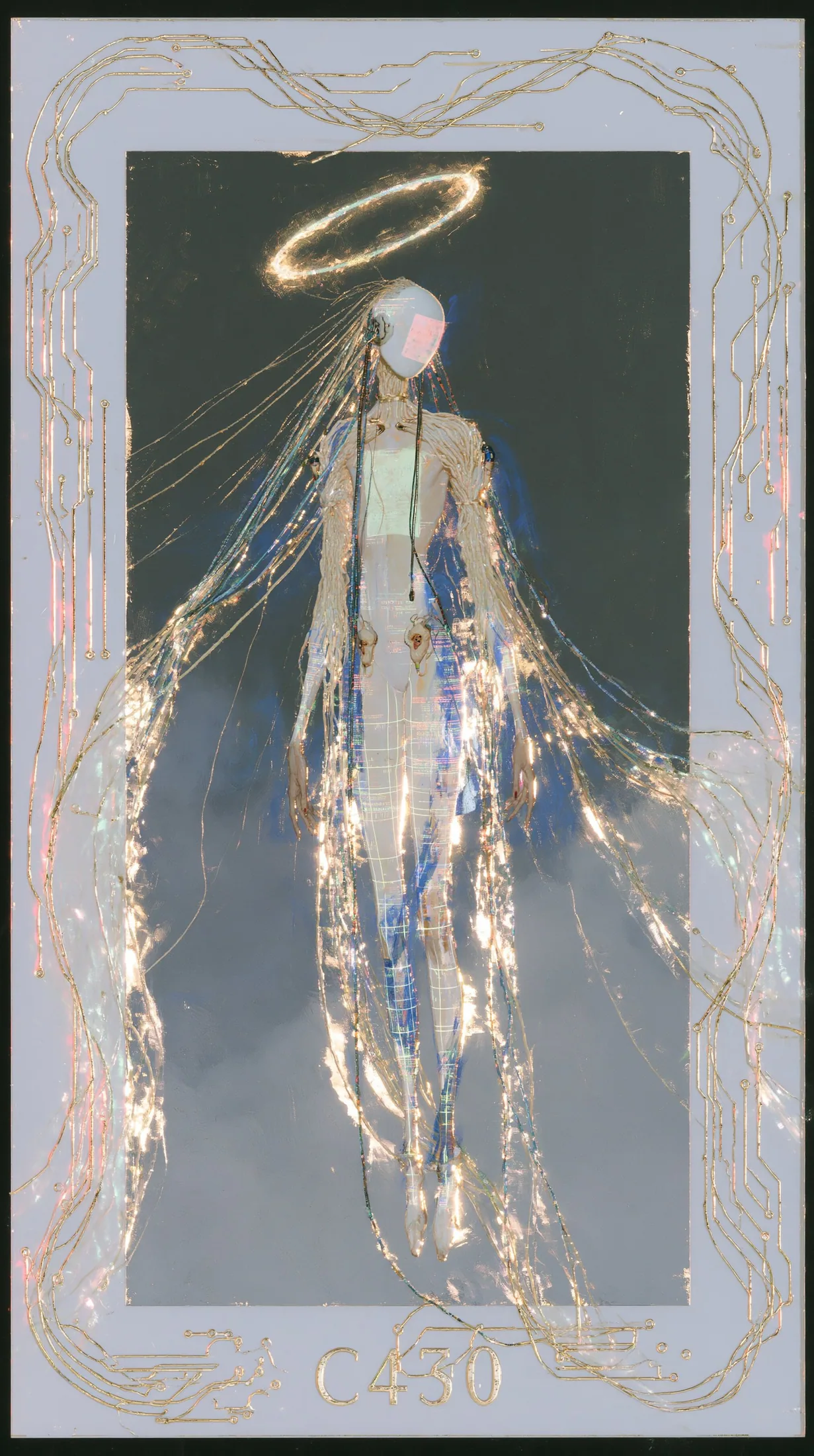 头顶光环、身体半透明、画框由金色电路纹样组成、底部编号 C430 的复原标本。