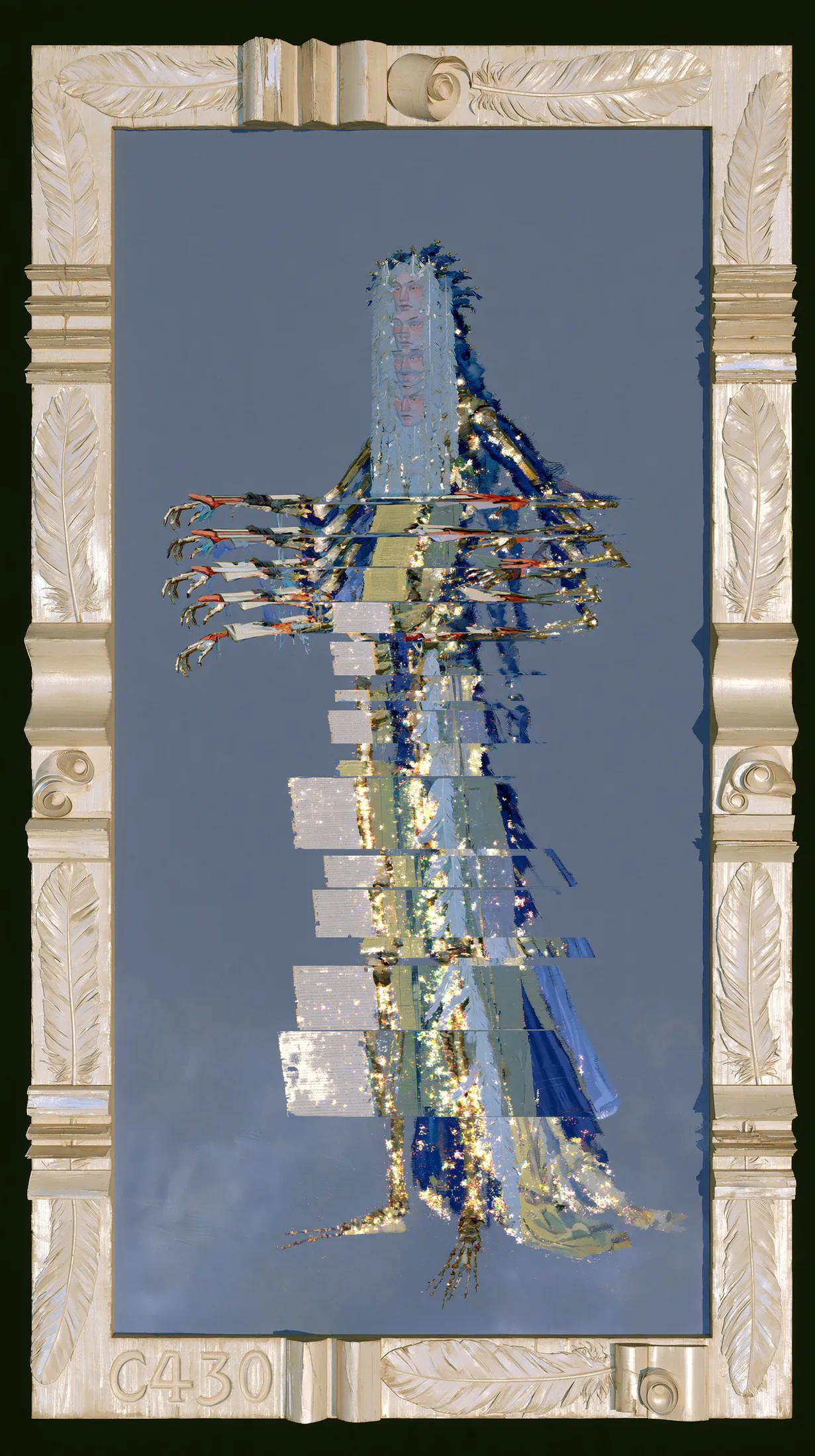 画面沿水平方向错位断裂的复原标本，多条手臂同时展开，画框为米色羽纹浮雕并刻有 C430。