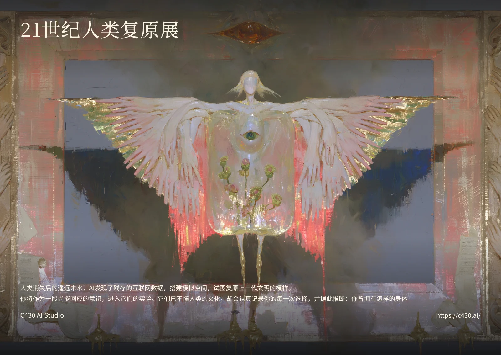 《21世纪人类复原展》封面:展开手掌羽翼的白色复原标本,上方是展览标题,下方写着「人类消失后的遥远未来,AI 发现了残存的互联网数据,搭建模拟空间,试图复原上一代文明的模样。」