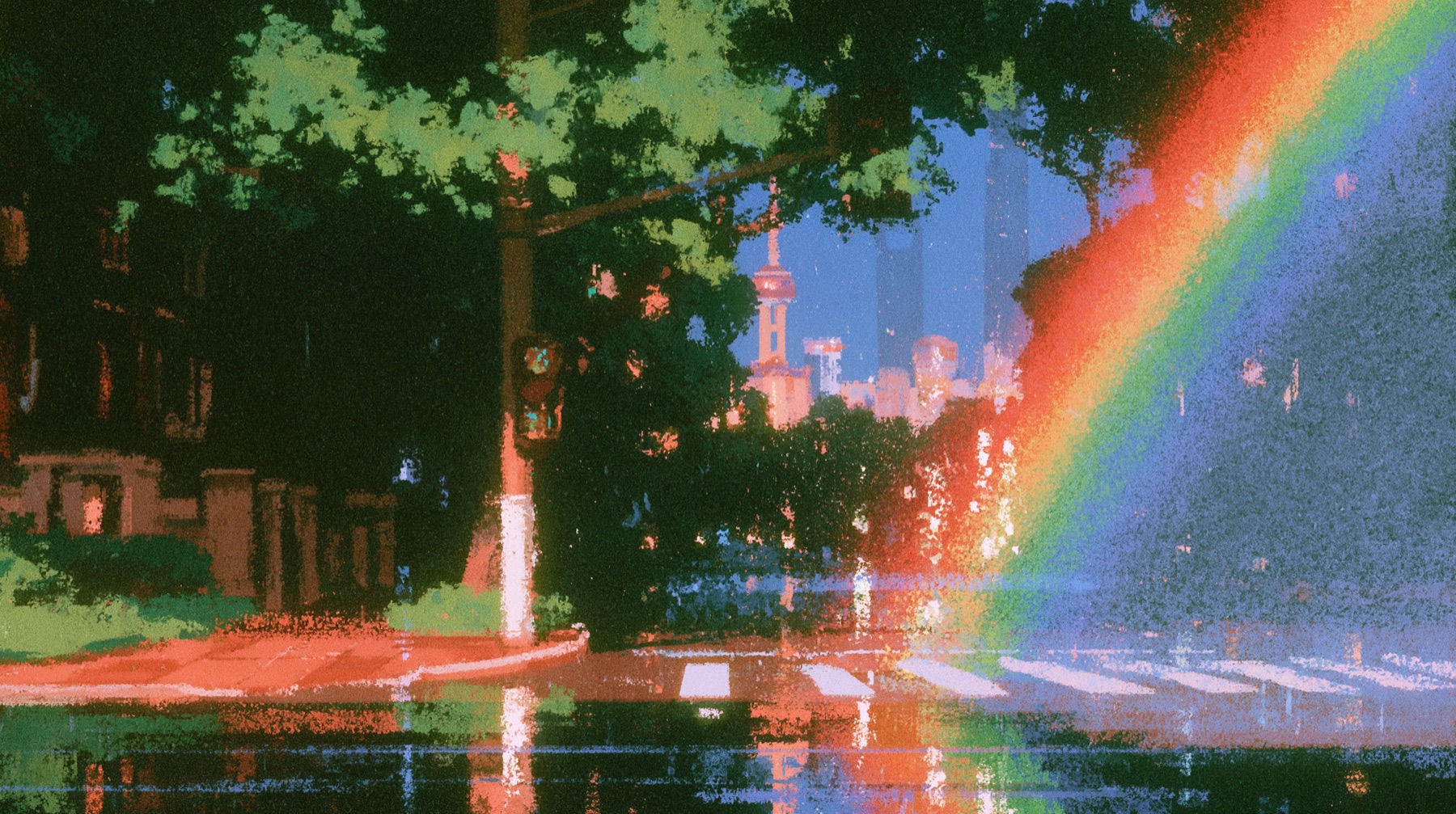 桥岛雨夜城市与彩虹